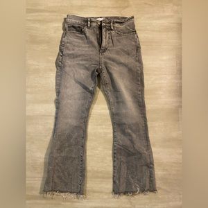 Loft grey wash, high waisted, flared crop jeans.